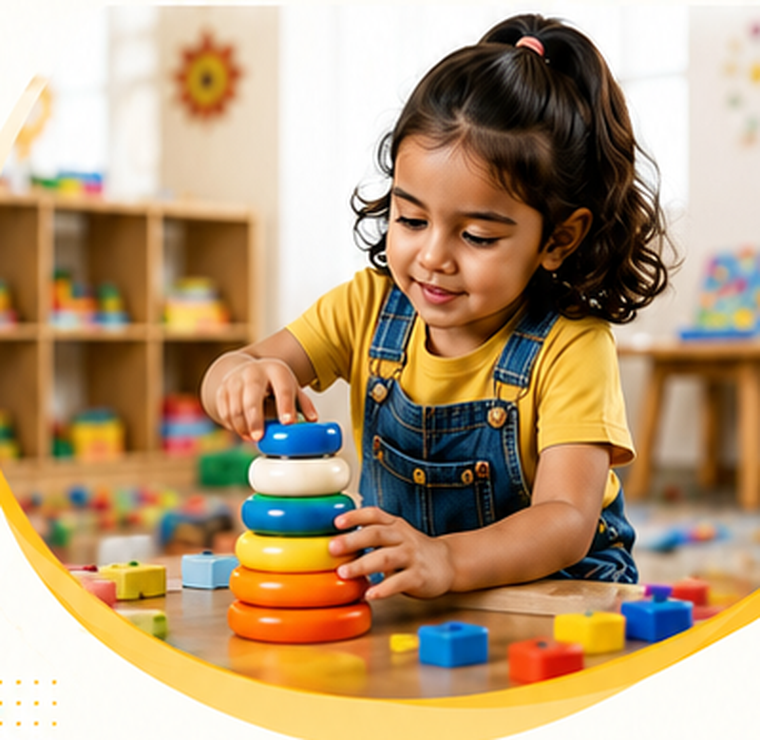 Child learning through stacking toys in a therapeutic classroom